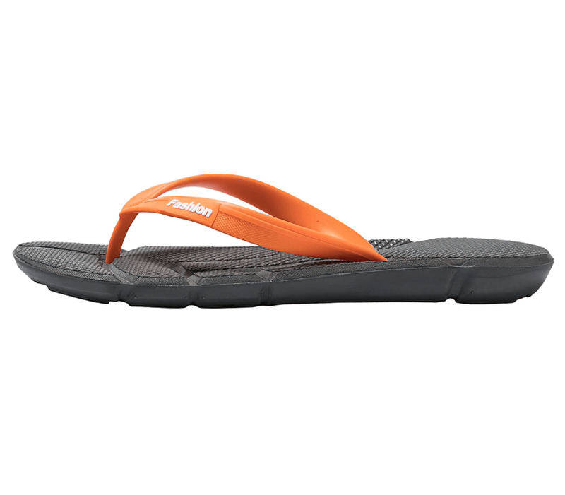 Orange and gray men's beach flip flops with flexible EVA soles and breathable PVC uppers, perfect for casual summer wear.