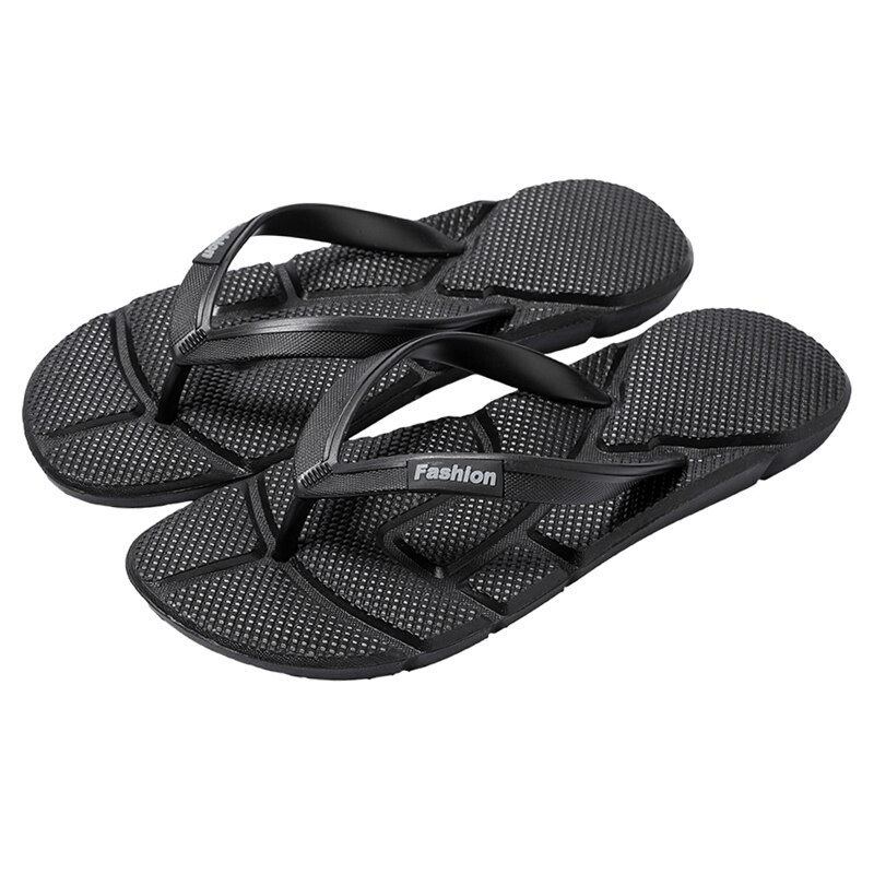 Black flexible lightweight beach flip flops for men, crafted with PVC uppers and EVA soles, featuring a supportive patchwork design.