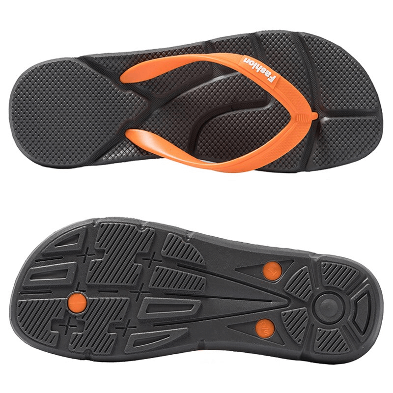 Orange and black lightweight men's beach flip flops with massage soles, perfect for casual summer comfort.