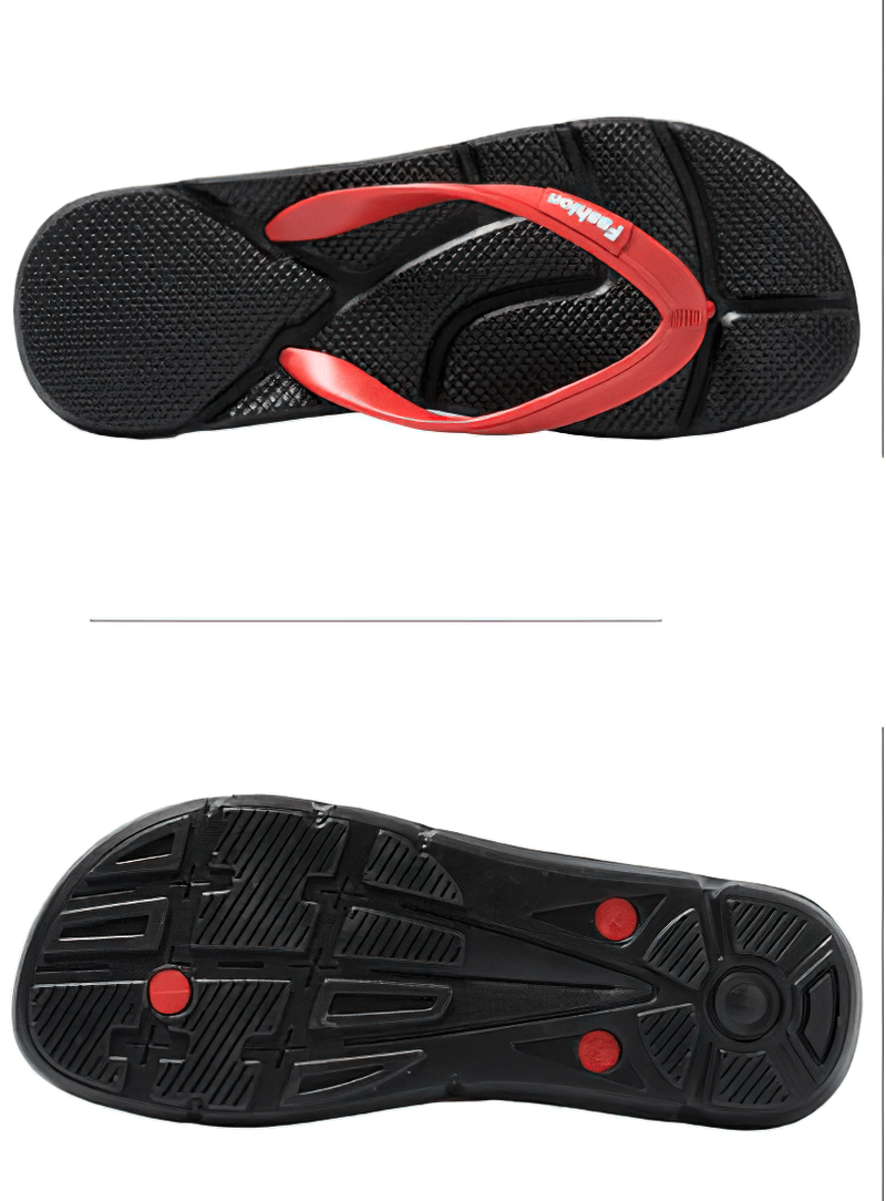 Top and sole view of flexible lightweight men's flip flops with red strap and massage sole, durable PVC and EVA material - SF1023