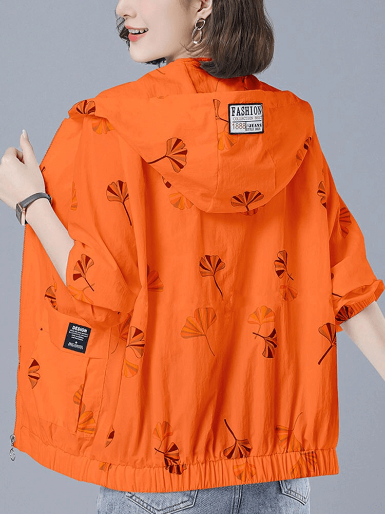 Veste à capuche à imprimé floral pour femme / Coupe-vent à fermeture éclair avec poches - SPF0878 