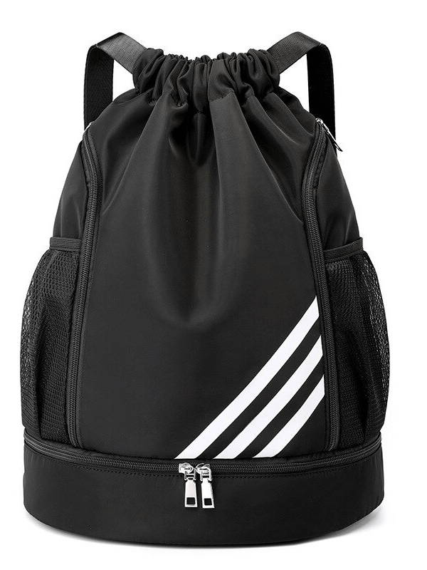 Black gym drawstring bag with white stripes, versatile for men and women, ideal for fitness and basketball, featuring ample storage.
