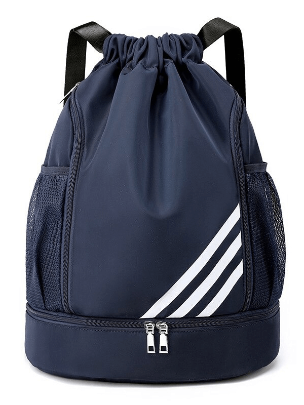 Unisex navy gym drawstring bag with stripes, perfect for fitness and basketball. Waterproof nylon and softback design for comfort.