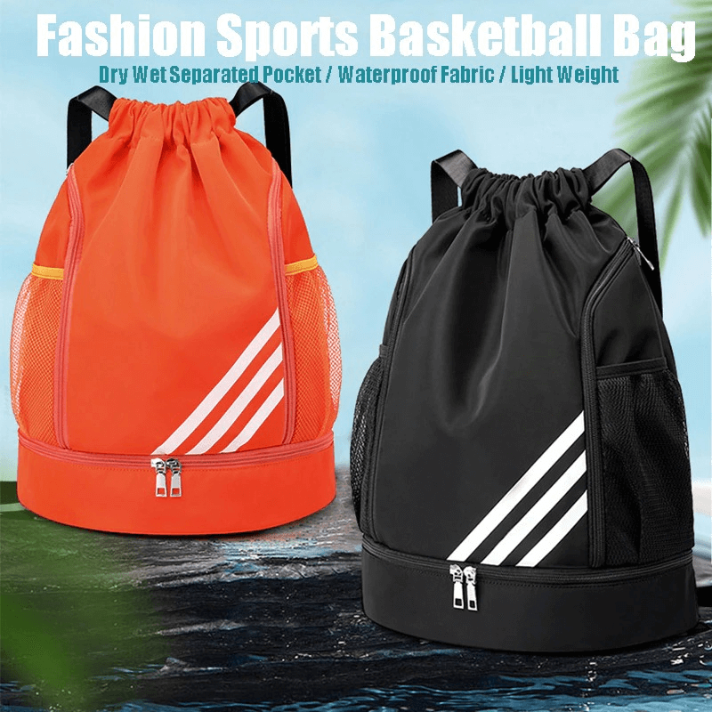 Unisex gym drawstring bag in black and orange; waterproof and ideal for basketball, fitness, and everyday use.