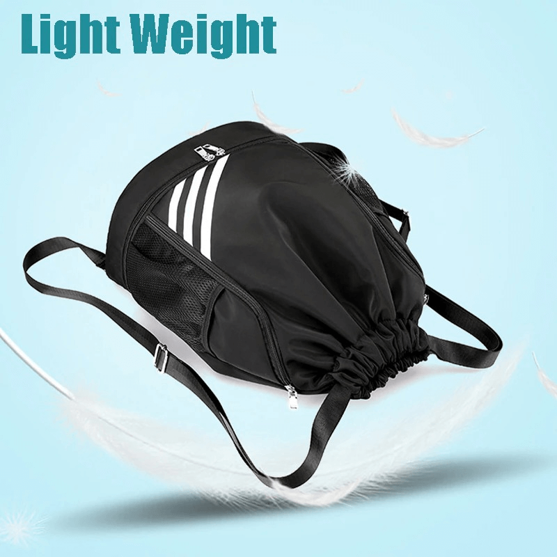 Lightweight unisex gym drawstring bag in black, ideal for basketball and fitness, featuring durable softback design and ample storage.