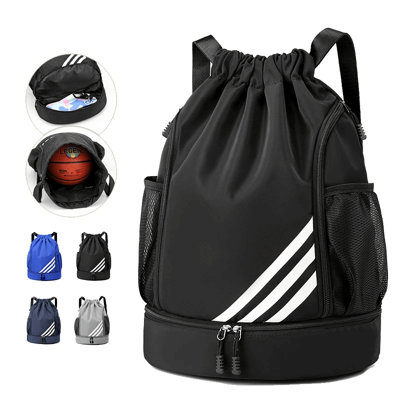 Black gym drawstring bag for men and women, basketball backpack with ample storage and waterproof nylon design.