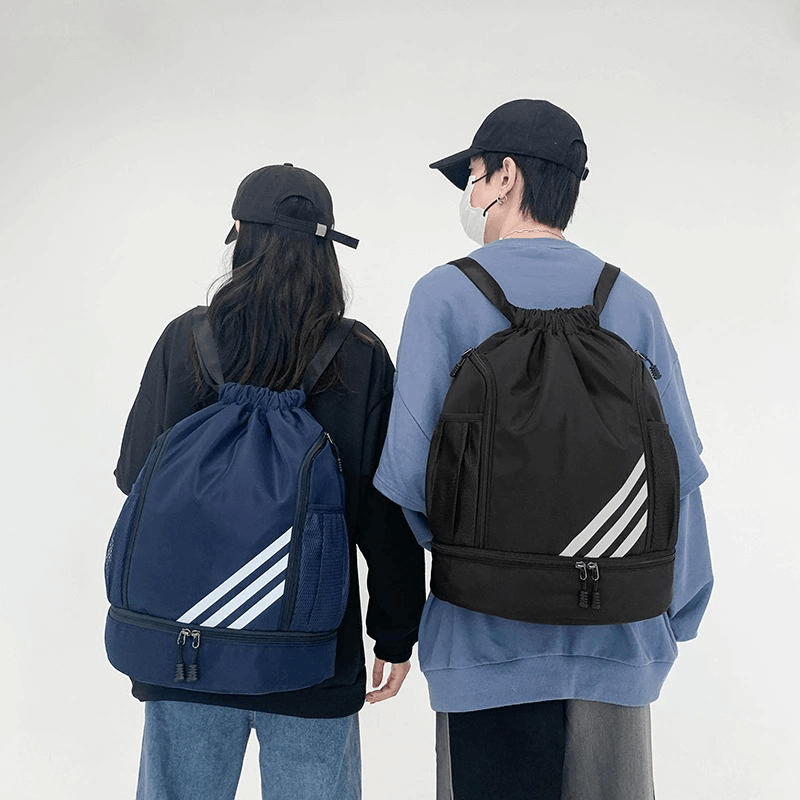 Unisex gym drawstring bags worn by two models, showcasing the basketball backpack's stylish design and ample storage, perfect for fitness activities.
