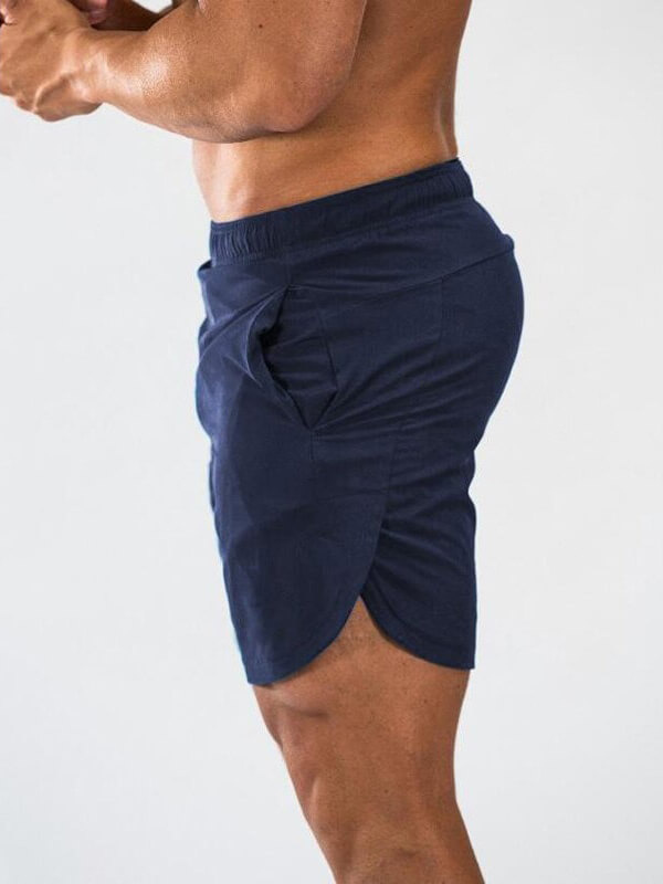 Navy blue gym slim shorts for men showcasing quick-dry, breathable fabric, ideal for workouts and sports like running and basketball.