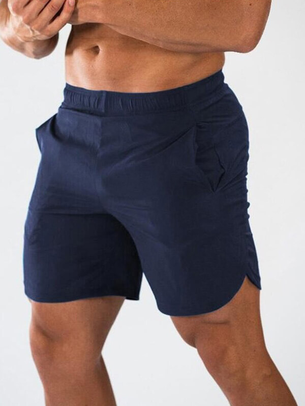 Men's navy blue quick-dry gym shorts for workouts, with breathable and flexible polyester-spandex blend. Ideal for running or sports activities.