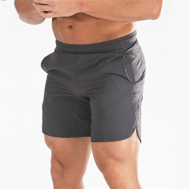 Men's quick-dry gym slim shorts in black, perfect for running and workouts, featuring flexible fabric for sports; SKU: SF0409