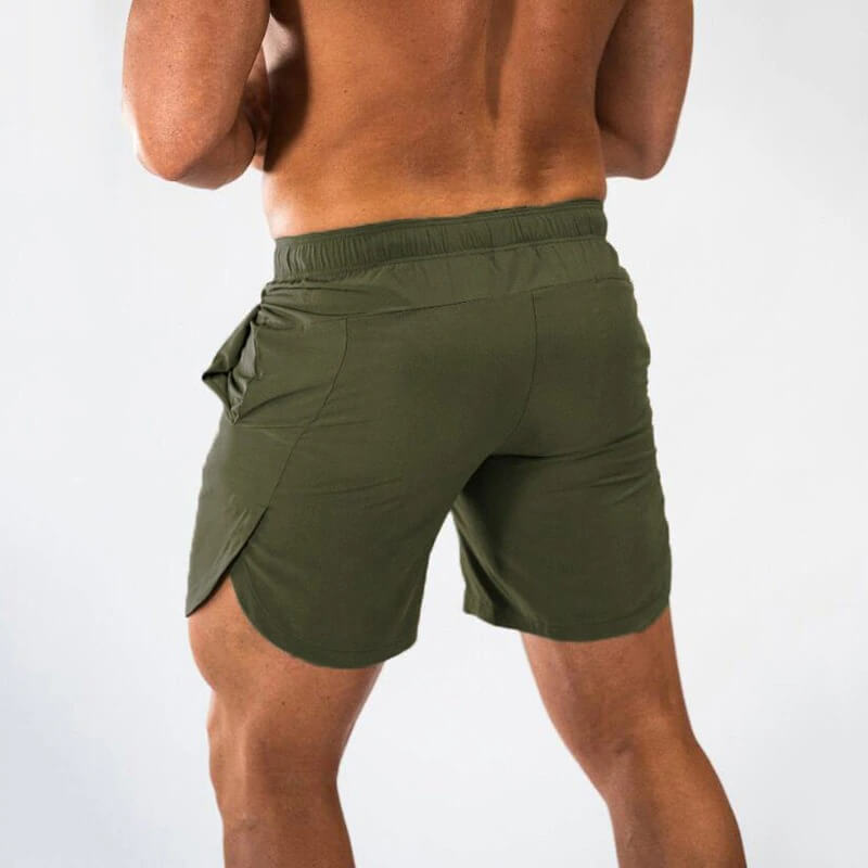 Back view of man wearing olive green gym slim shorts for men, quick-dry fabric, ideal for workouts like running, boxing, and basketball.