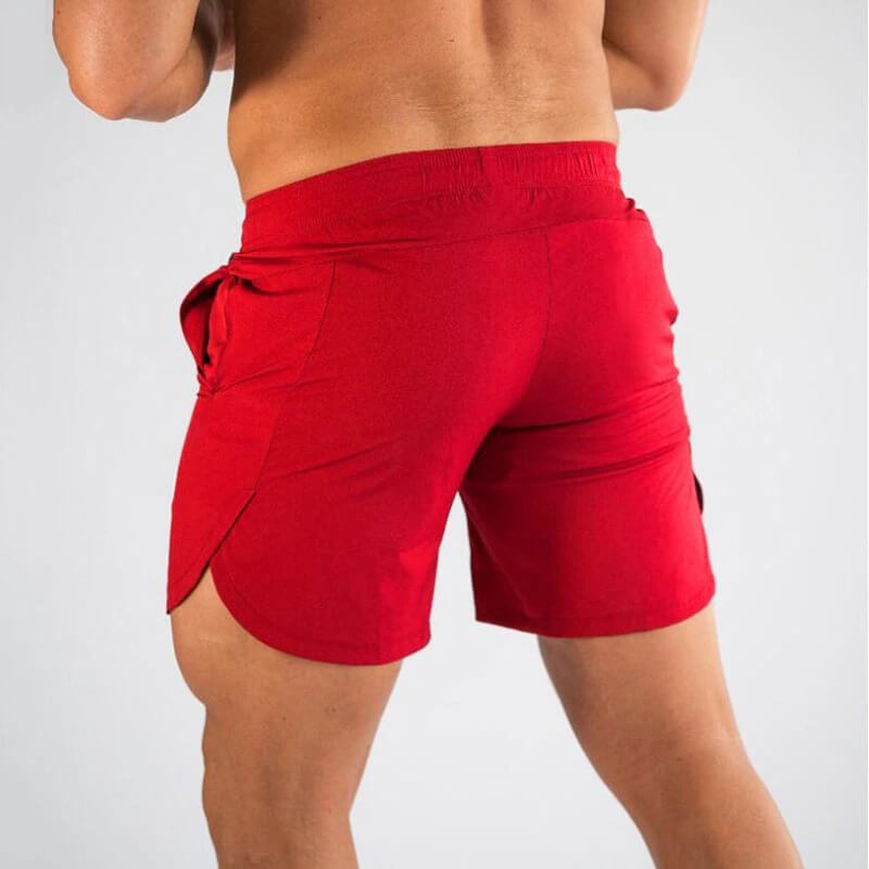 Back view of red quick-dry gym slim shorts for men, perfect for running and intense workouts with breathable polyester-spandex blend.