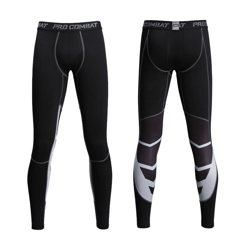 Pair of black high elastic breathable men's running tights with compression fit and stylish design, perfect for comfortable running.