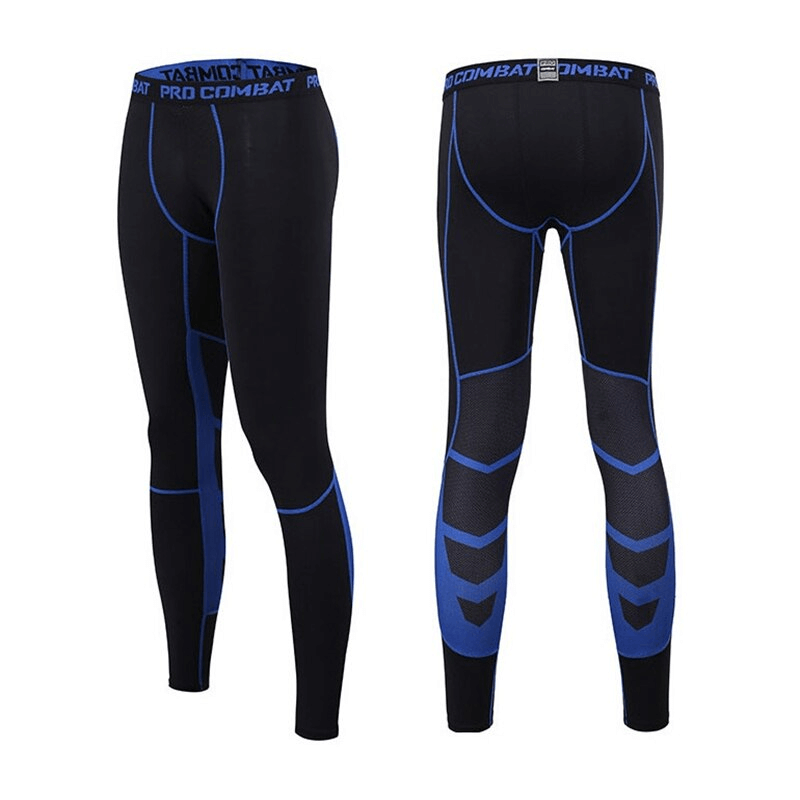 High elastic breathable compression pants, men's running tights in black and blue with a mid-waist and skin-hugging fit, SF0928 model.