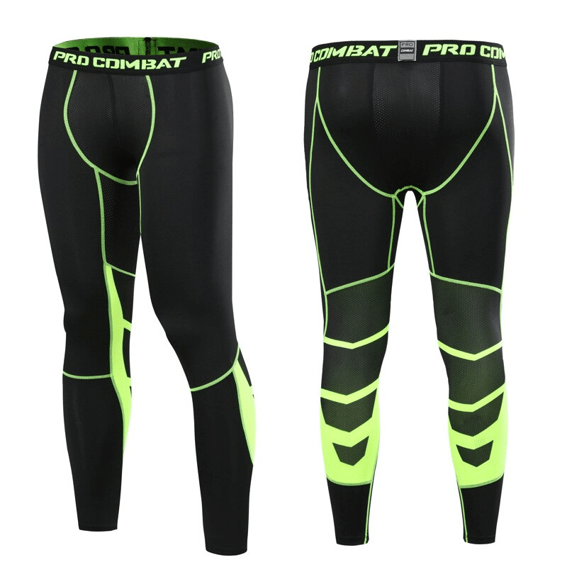 High elastic breathable men's running tight, black with neon accents, front and back view, SF0928, flat-style, elastic waist.