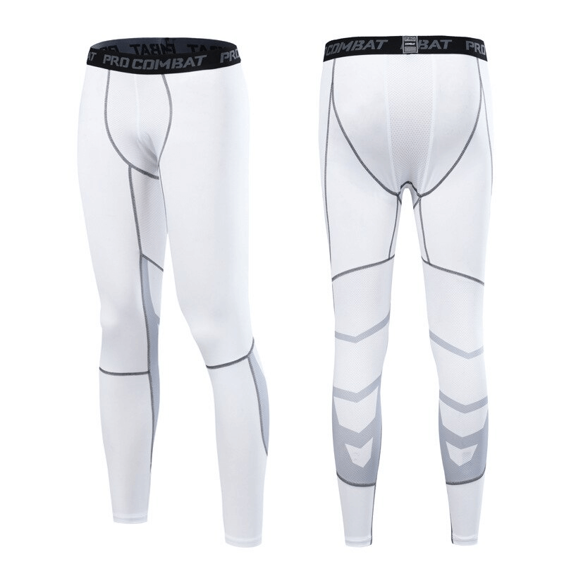 White high elastic breathable compression pants for men's running, featuring mid-waist design and flat front style, SF0928 model.