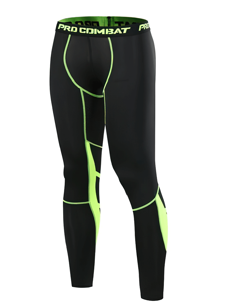 Black and green men's high elastic breathable compression running pants with a flat front and elastic waist, style SF0928.