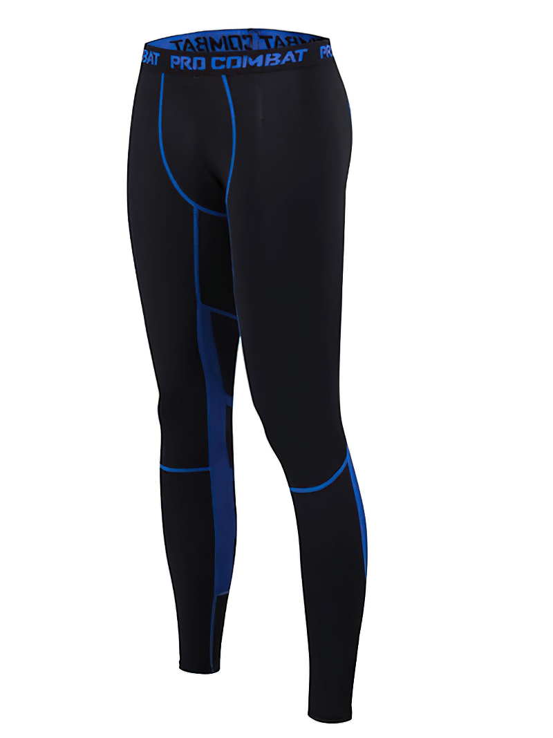 Black and blue high elastic breathable men's running tight with compression fit, mid-waist, and flat-front style.