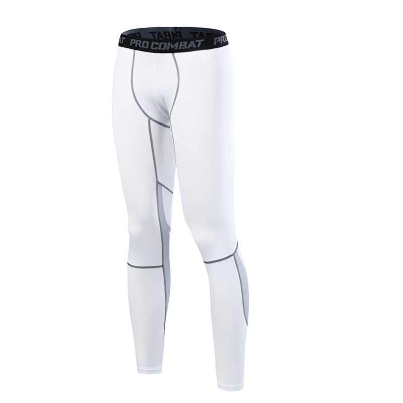 High elastic breathable compression pants for men in white, featuring a flat front and elastic waist, ideal for light running.