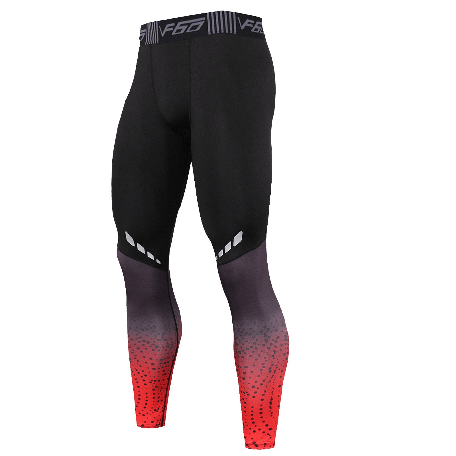 High elastic compression leggings for running, male gym sportswear, black and red gradient design, durable and quick-drying pants.
