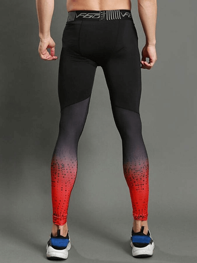 High elastic compression leggings for running, male gym sportswear SF0865, black-red design, rear view.