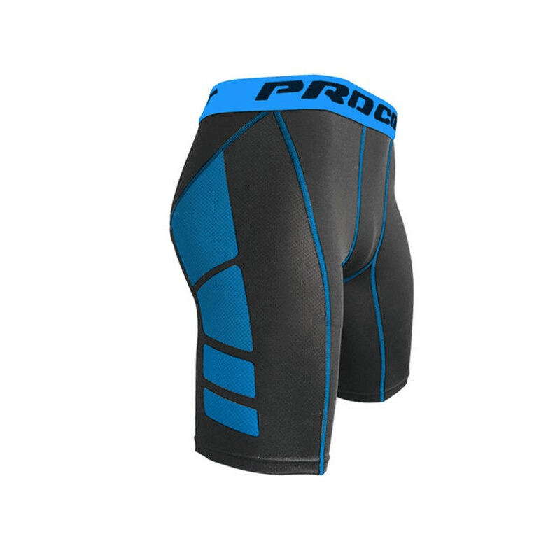 Men's compression gym shorts in black and blue, featuring a patchwork design, made of polyester and spandex for quick-dry comfort.