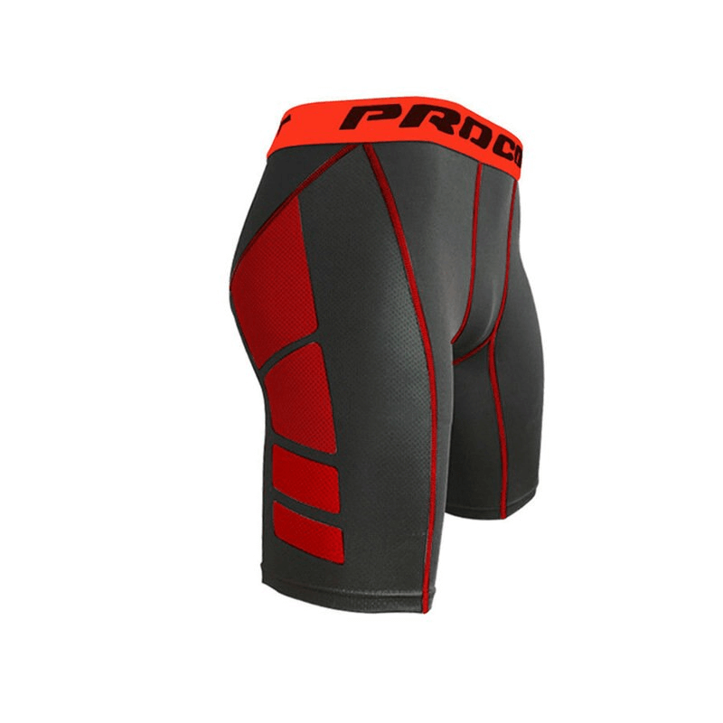 Men's quick dry compression gym shorts in black with red accents, featuring breathable fabric and patchwork design for athletic performance.