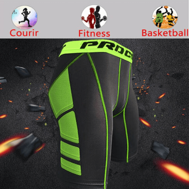 Men's compression gym tight shorts, quick dry, green patchwork, ideal for running, fitness, basketball. SF0866 athletic apparel.