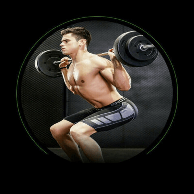 Man lifting weights wearing men's compression gym tight shorts, quick dry and ideal for running, featuring a patchwork design.