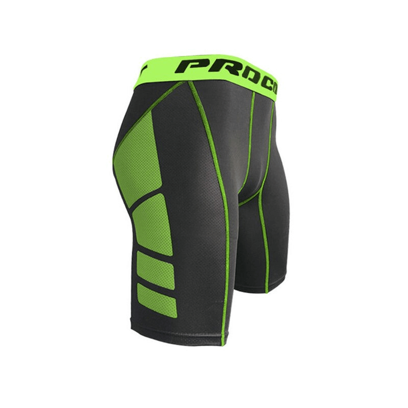 Men's Compression Gym Tight Shorts SF0866 in black with green accents, quick dry and breathable for running and workouts.