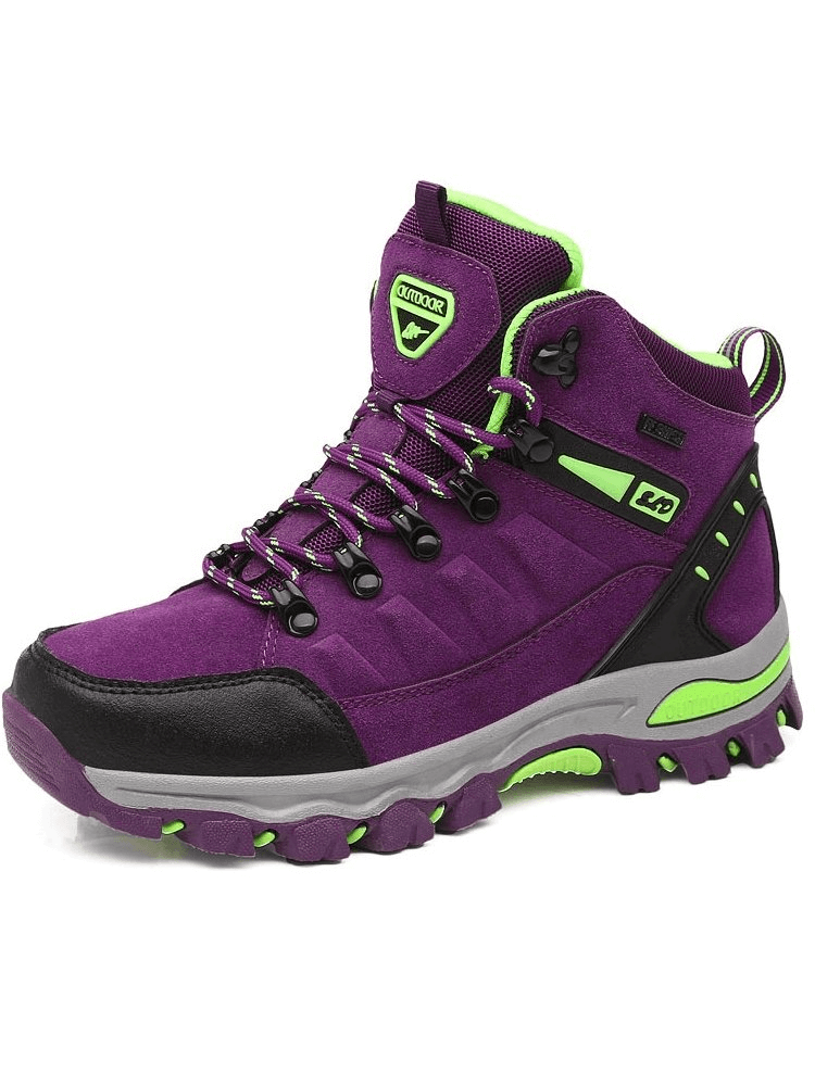 Women's mountaineering shoes, purple with green accents, durable rubber outsole, perfect for hiking and outdoor adventures.