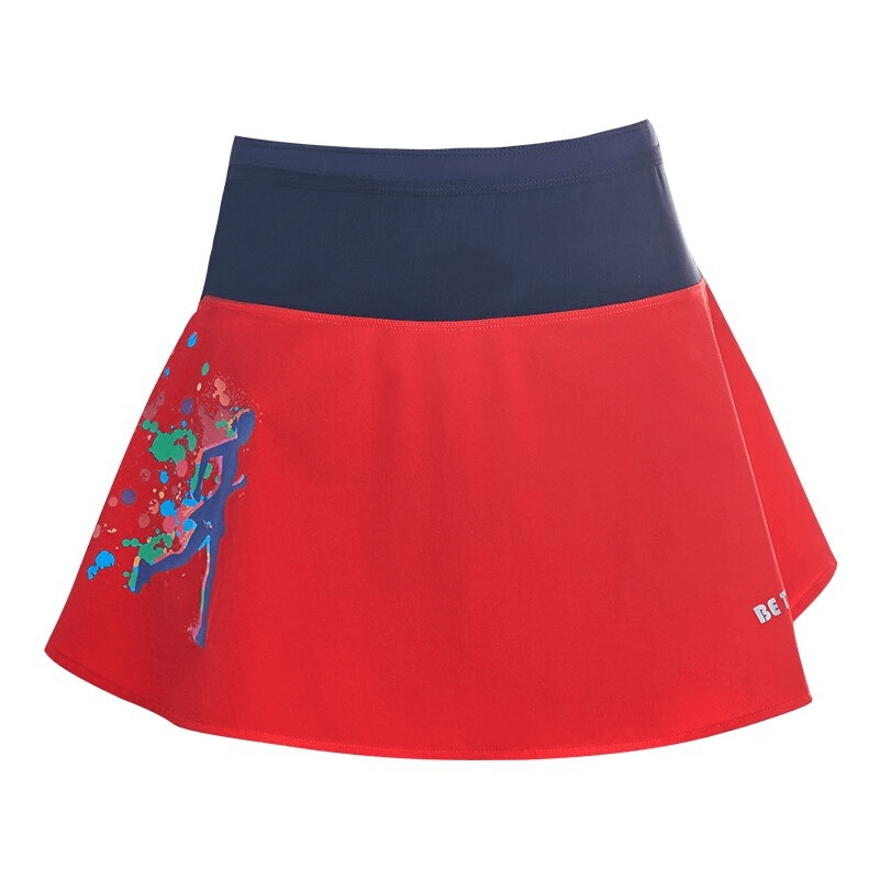 Red and navy high waist double layer skirt with pocket, ideal for golf and tennis, featuring breathable spandex for comfort.