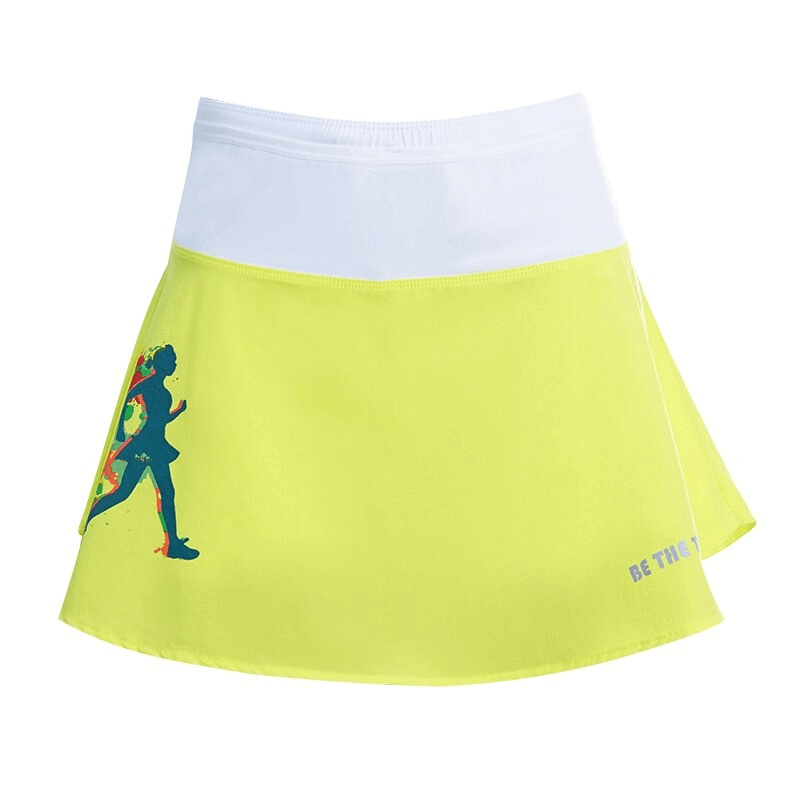High Waist Double Layer Mesh Tennis Skirt with Pocket in bright yellow, perfect for yoga, running, or tennis. Comfortable and breathable design.