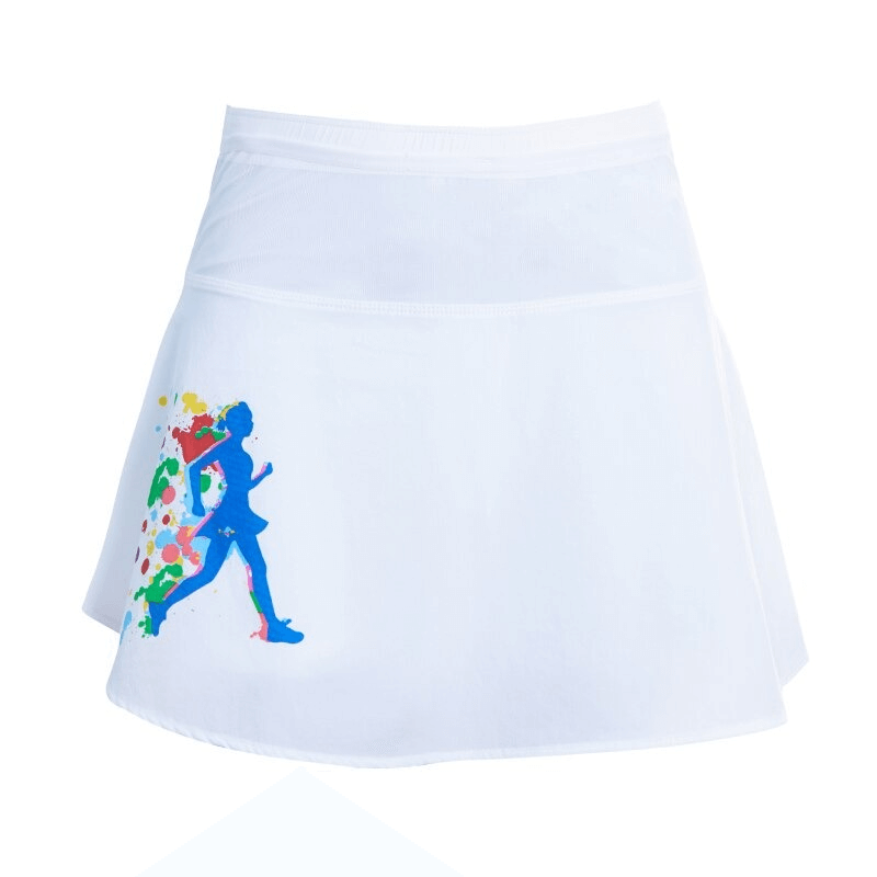 White high waist double layer skirt with colorful running design, perfect for tennis and golf. Breathable, quick-dry fabric with pocket.
