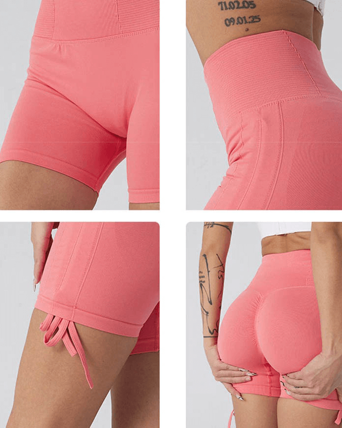 Pink high waist drawstring sports shorts, elastic and breathable, ideal for yoga and everyday wear; nylon fabric offers superior comfort.