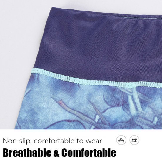 Close-up of high-waist sports leggings with floral print showcasing breathable, comfortable fabric and non-slip waistband.