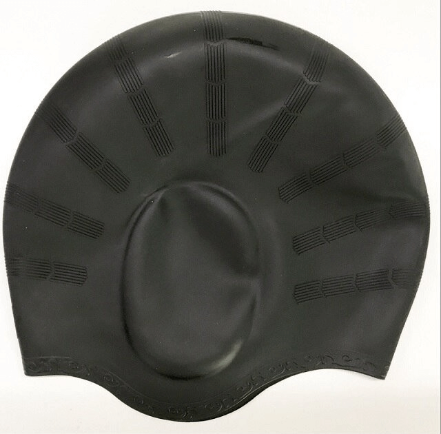 Black silicone swimming cap - unisex, high elasticity, waterproof for sun and dust protection. Model SF0398. Perfect for stress-free swimming.