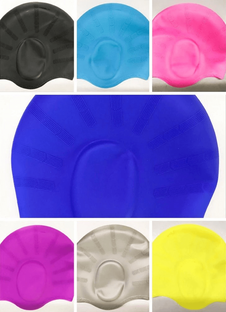 Colorful silicone swimming caps, high elasticity, waterproof design, unisex style for sun and wind protection. Product SF0398.