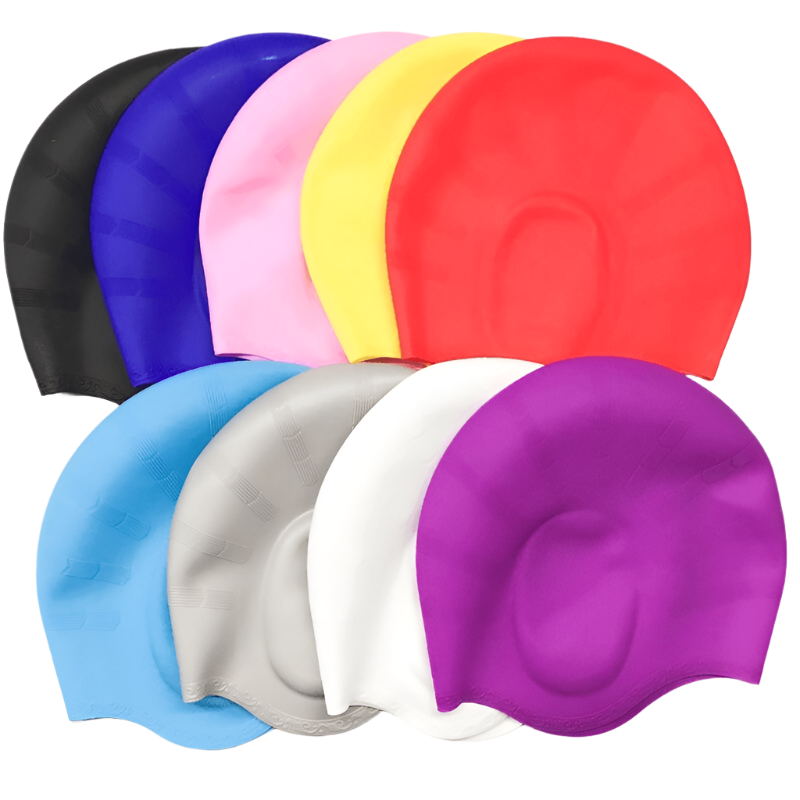 Colorful silicone swimming caps showcasing high elasticity and waterproof features for unisex use. Protects ears from sun, wind, and dust.