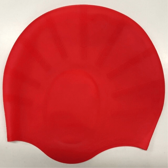 Bright red highly elastic silicone swimming cap offering waterproof protection, perfect for unisex use. Model: SF0398.