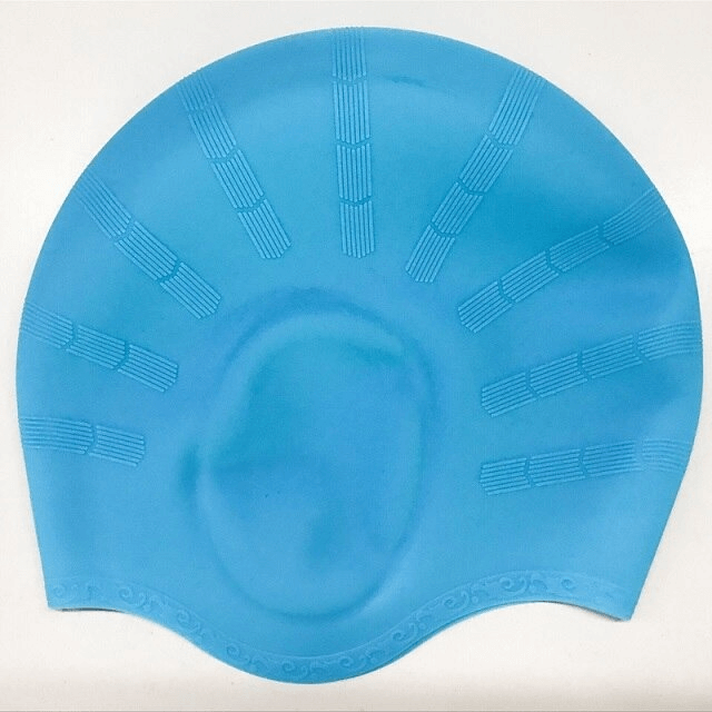 Blue unisex silicone swimming cap with highly elastic and waterproof features, offering sun, wind, and dust protection.