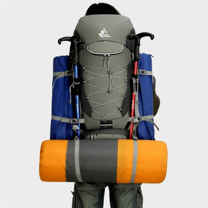 Alt Tag: Hiking large capacity water resistant backpack with rain cover, equipped for adventure, featuring adjustable straps.