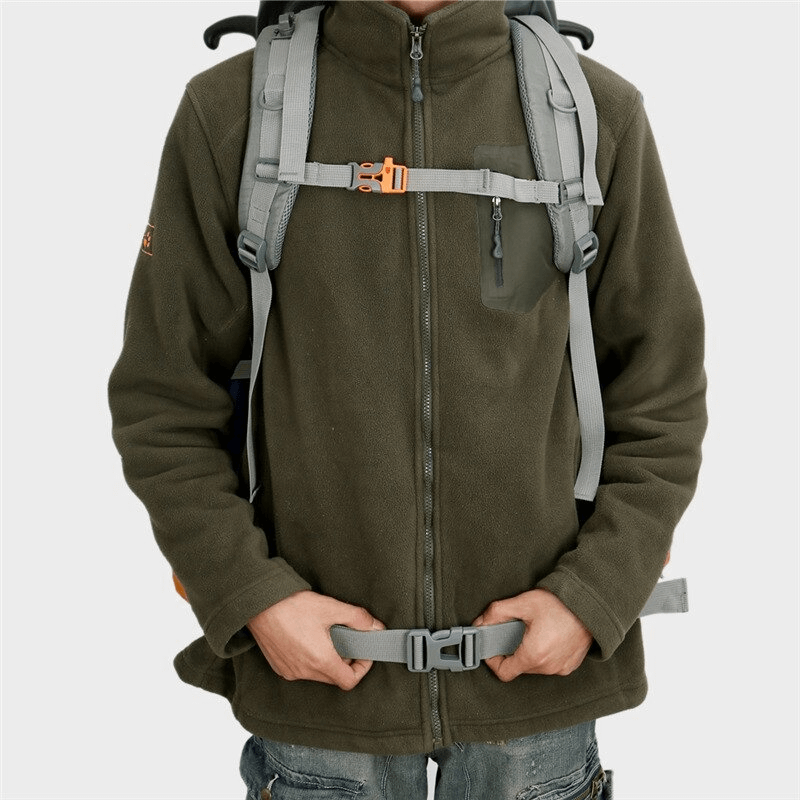 Person wearing hiking backpack with adjustable straps and rain cover, perfect for outdoor adventures and large capacity storage.