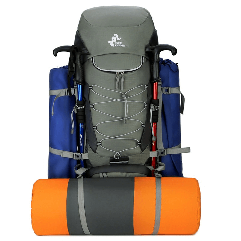Hiking large capacity water resistant backpack SF0296 with rain cover, grey and blue, equipped with an orange sleeping bag.