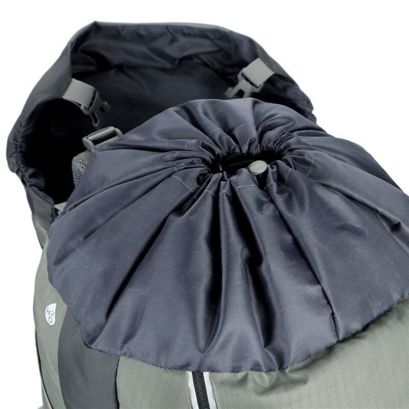 Close-up of SF0296 hiking backpack showing open large capacity interior and waterproof rain cover.