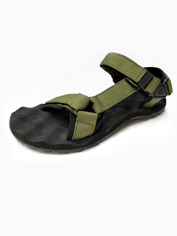 Men's green hiking sandal with canvas straps, EVA sole, and hook-and-loop closure for comfort and durability.