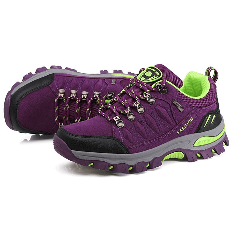 Purple hiking shoes for women, SF0231, with lace-up closure and vibrant green lining for outdoor adventures.