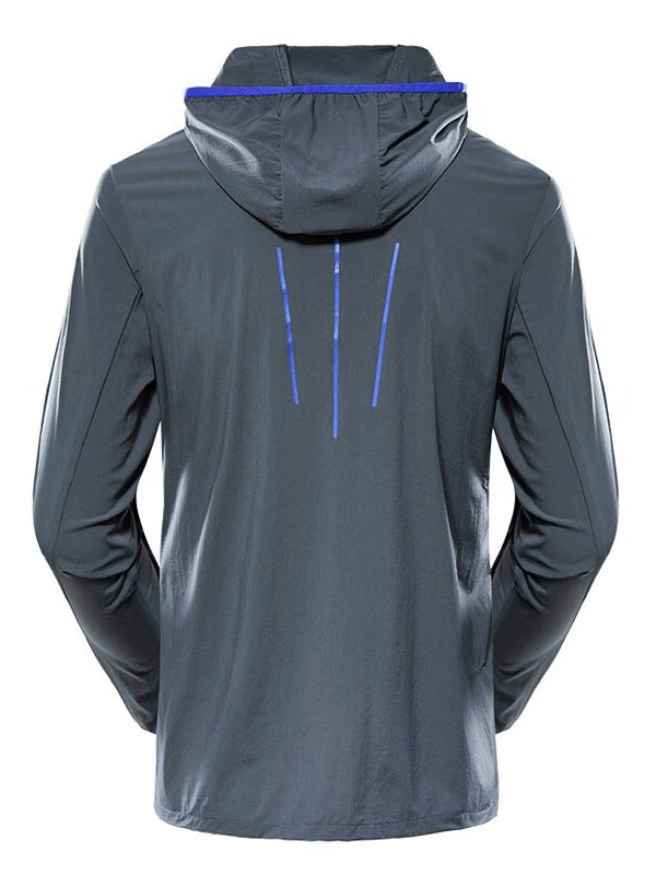 Men's hiking jacket with hood and blue accents, windproof and sun-protective, ideal for outdoor sports and rain resistance.