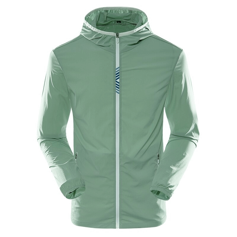 Green hiking sun-protective windproof jacket for men, featuring hood and zipper, perfect for outdoor adventures, SKU SF0311.
