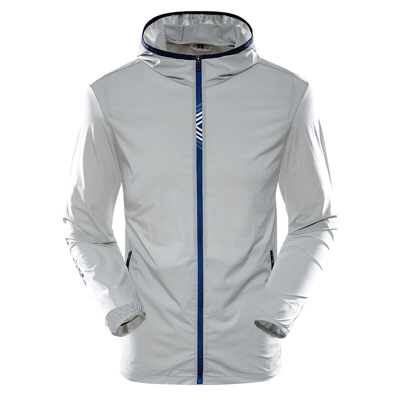 Men's hiking sun-protective windproof jacket SF0311, white color, with blue accents. Lightweight and breathable rain jacket.